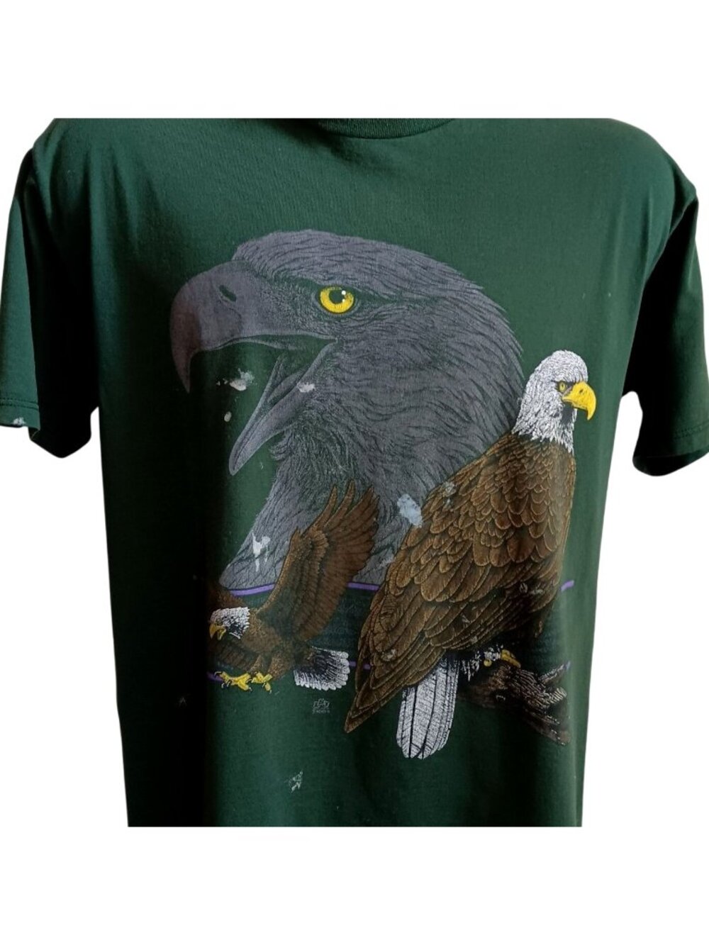 True Vintage T-Shirt Large Bald Eagle Cotton Grove Graphic USA Green Paint Splat